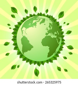 Green Earth globe with green leaves around on green striped background. Nature environment. Vector illustration