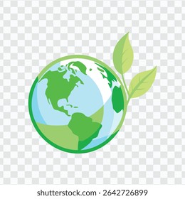 "Green Earth Globe with Leaves, Symbolizing Environmental Care and Sustainability"