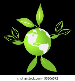 Green earth globe with leaves. Vector illustration