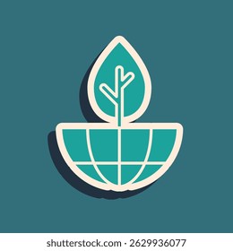Green Earth globe and plant icon isolated on green background. World or Earth sign. Geometric shapes. Environmental concept. Long shadow style. Vector
