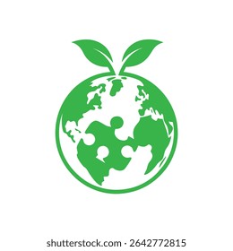 Green Earth Globe with Puzzle Pieces and Leaves on White Background