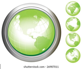 Green Earth glossy buttons. Base map generated using map data from the public domain. (www.diva-gis.org) All elements and textures are individual objects. Vector illustration scale to any size.