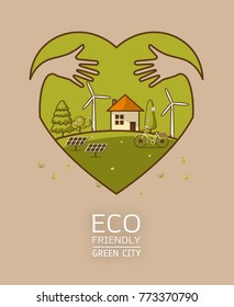 green earth  in heart with hand hug concept - ecology concept green information with ecology and green city of energy saving or clean energy with green collection.Ecology info collection,Charts,Symbol