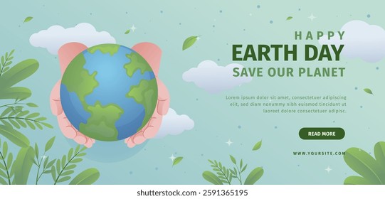 Green earth held in hands in clouds with earth day message. Suitable for environmental and Earth Day themed designs