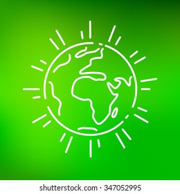 Green earth icon. Eco planet sign. World symbol. Thin line icon on green background. Vector illustration.