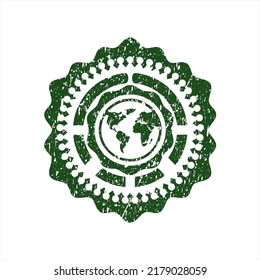 Green earth icon inside distress rubber texture. 