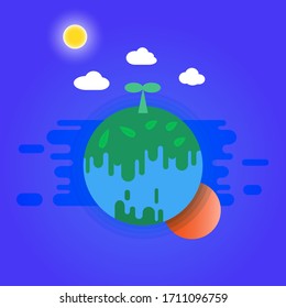 Green earth Green leaf Ecology concept, Eco Friendly, save the earth and world environment day with Sun moon and blue background.
