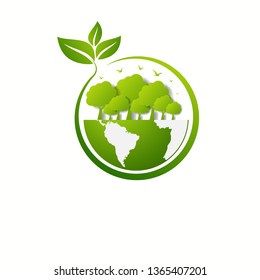  Green earth ,Green leaf paper art. white background