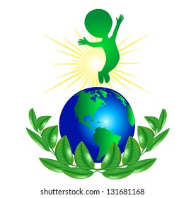 Green earth with leaves.   Illustration of a Happy Earth Mascot