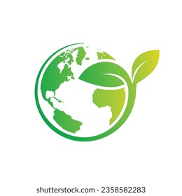 Green earth logo design with tree leaf globe vector icon design isolated white background