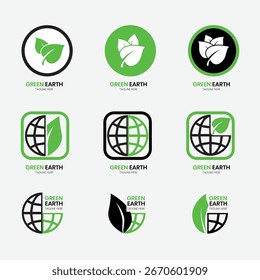 Diseño de conjunto de logotipo de Green Earth con Plantilla de diseño de icono de Vector de globo de hoja de árbol