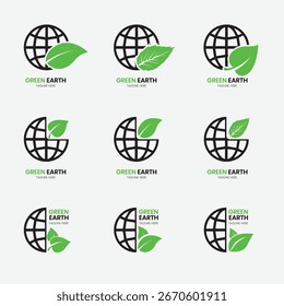 Diseño de conjunto de logotipo de Green Earth con Plantilla de diseño de icono de Vector de globo de hoja de árbol