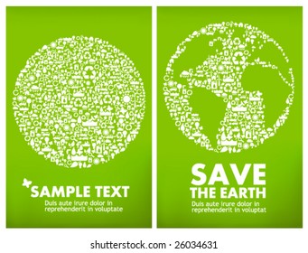 Green earth made from environment, ecology & energy icons. Save the earth, global ecology & sustainable development concept.