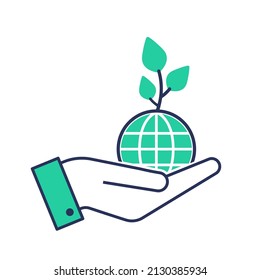 Green Earth - modern vector single line icon. An image of a planet on the palm of the hand, emerald leaves . Representation of nature, eco, health, eco lifestyle, hope