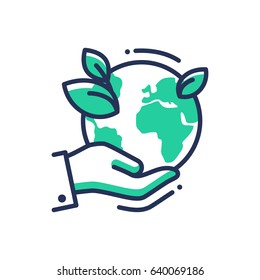 Green Earth - modern vector single line icon. An image of a planet on the palm of the hand, emerald leaves . Representation of nature, eco, health, eco lifestyle, hope