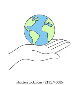 Green earth in open hand. Hand holding globe isolated on white background.