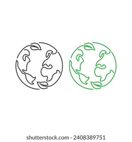 green earth planet concept, globe with leafs , world ecology icon. Modern sign, linear pictogram, outline symbol, simple thin line vector design element template