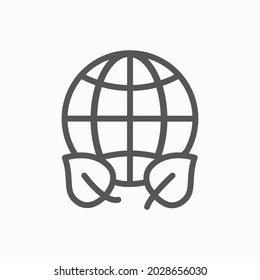 concepto de planeta tierra verde, icono, ecología mundial, protección natural global. globo con hojas, línea delgada simple símbolo web sobre fondo blanco