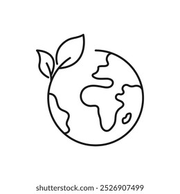 Green Earth Planet Concept, Icono, Ecología mundial, Naturaleza Global Protect, Logotipo Eco Medio ambiente, Globo con hojas, delgada línea simple Web símbolo sobre fondo blanco