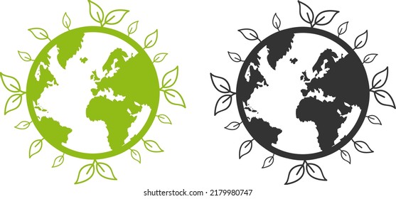 Green earth planet concept. World ecology and nature global protect logo. Eco environment globe web symbols on white background.