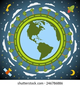 Green Earth planet globe with clouds and atmosphere in space. Vector concept.