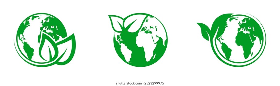 Green earth planet icon set. ECO friendly world icon. Ecology planet. Globe with leaves. Eco environment symbol. Vector illustration.
