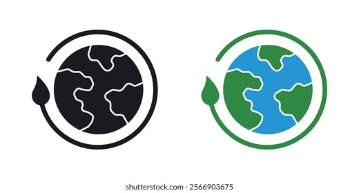 Green earth planet icon set in black and colored
