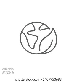 Green earth planet icon. Simple outline style. World ecology, globe with leafs, eco environment logo, save nature concept. Thin line symbol. Vector illustration isolated. Editable stroke.