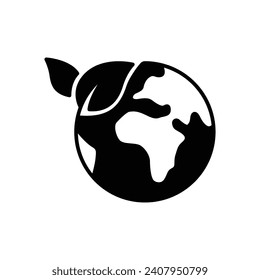 Green earth planet icon. Simple solid style. World ecology, globe with leafs, eco environment logo, save nature concept. Black silhouette, glyph symbol. Vector illustration isolated.