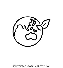 Green earth planet icon. Simple outline style. World ecology, globe with leafs, eco environment logo, save nature concept. Thin line symbol. Vector illustration isolated.