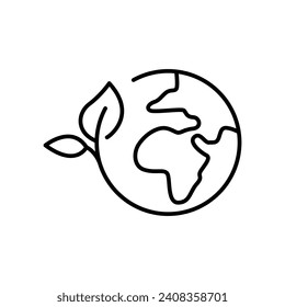 Green earth planet icon. Simple outline style. World ecology, globe with leafs, eco environment logo, save nature concept. Thin line symbol. Vector illustration isolated.