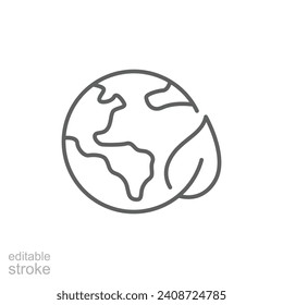 Green earth planet icon. Simple outline style. World ecology, globe with leafs, eco environment logo, save nature concept. Thin line symbol. Vector illustration isolated. Editable stroke.