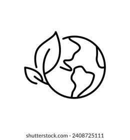 Icono del planeta Tierra Verde. Estilo de contorno simple. Ecología mundial, globo con hojas, logotipo ecológico ambiental, salvar el concepto de naturaleza. Símbolo de línea delgada. Ilustración vectorial aislada.