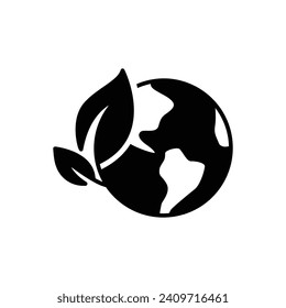 Green earth planet icon. Simple solid style. World ecology, globe with leafs, eco environment logo, save nature concept. Black silhouette, glyph symbol. Vector illustration isolated.