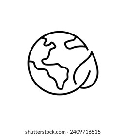 Green earth planet icon. Simple outline style. World ecology, globe with leafs, eco environment logo, save nature concept. Thin line symbol. Vector illustration isolated.