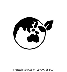 Green earth planet icon. Simple solid style. World ecology, globe with leafs, eco environment logo, save nature concept. Black silhouette, glyph symbol. Vector illustration isolated.