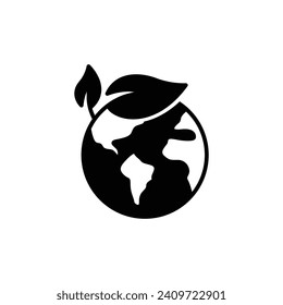 Das Symbol der grünen Erde. Einfach solider Stil. Weltökologie, Globus mit Blättern, Öko-Umweltlogo, Naturschutz-Konzept. Schwarze Silhouette, Glyph-Symbol. Vektorgrafik einzeln.
