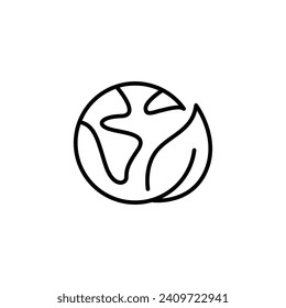 Green earth planet icon. Simple outline style. World ecology, globe with leafs, eco environment logo, save nature concept. Thin line symbol. Vector illustration isolated.