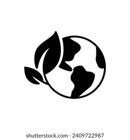 Green earth planet icon. Simple solid style. World ecology, globe with leafs, eco environment logo, save nature concept. Black silhouette, glyph symbol. Vector illustration isolated.