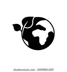 Green earth planet icon. Simple solid style. World ecology, globe with leafs, eco environment logo, save nature concept. Black silhouette, glyph symbol. Vector illustration isolated.