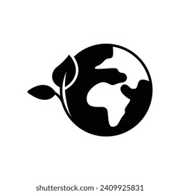 Green earth planet icon. Simple solid style. World ecology, globe with leafs, eco environment logo, save nature concept. Black silhouette, glyph symbol. Vector illustration isolated.