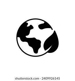 Green earth planet icon. Simple solid style. World ecology, globe with leafs, eco environment logo, save nature concept. Black silhouette, glyph symbol. Vector illustration isolated.