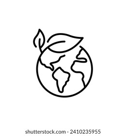 Green earth planet icon. Simple outline style. World ecology, globe with leafs, eco environment logo, save nature concept. Thin line symbol. Vector illustration isolated.