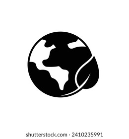 Green earth planet icon. Simple solid style. World ecology, globe with leafs, eco environment logo, save nature concept. Black silhouette, glyph symbol. Vector illustration isolated.