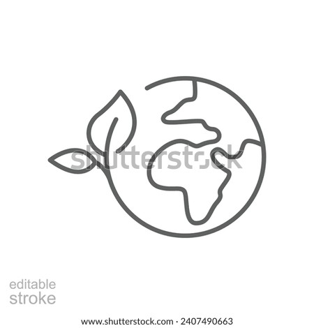 Green earth planet icon. Simple outline style. World ecology, globe with leafs, eco environment logo, save nature concept. Thin line symbol. Vector illustration isolated. Editable stroke.
