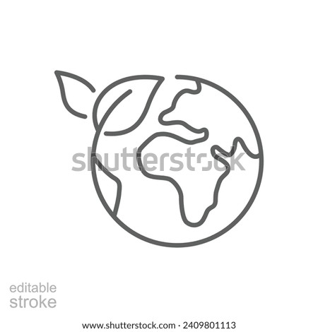 Green earth planet icon. Simple outline style. World ecology, globe with leafs, eco environment logo, save nature concept. Thin line symbol. Vector illustration isolated. Editable stroke.