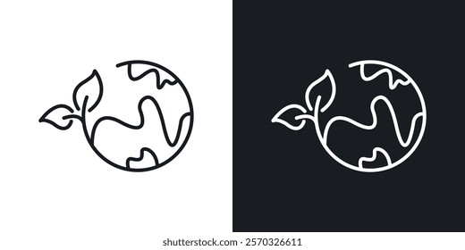 Green earth planet icons vectors set in black. line and flat versions