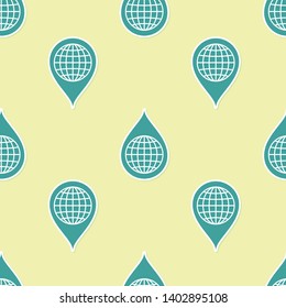 Green Earth planet in water drop icon isolated seamless pattern on yellow background. World globe and water drop. Saving water and world environmental protection. Vector Illustration