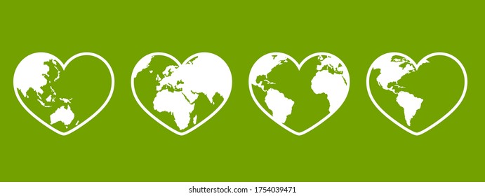 Green earth planets on heart shape.Vector illustration of green environment earth icons concept.