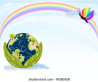 Green Earth - preserving our beautiful Nature. Planet Earth inside green leaves with blue sky and rainbow. Vector file saved as EPS AI8, no effects, easy edit and print.